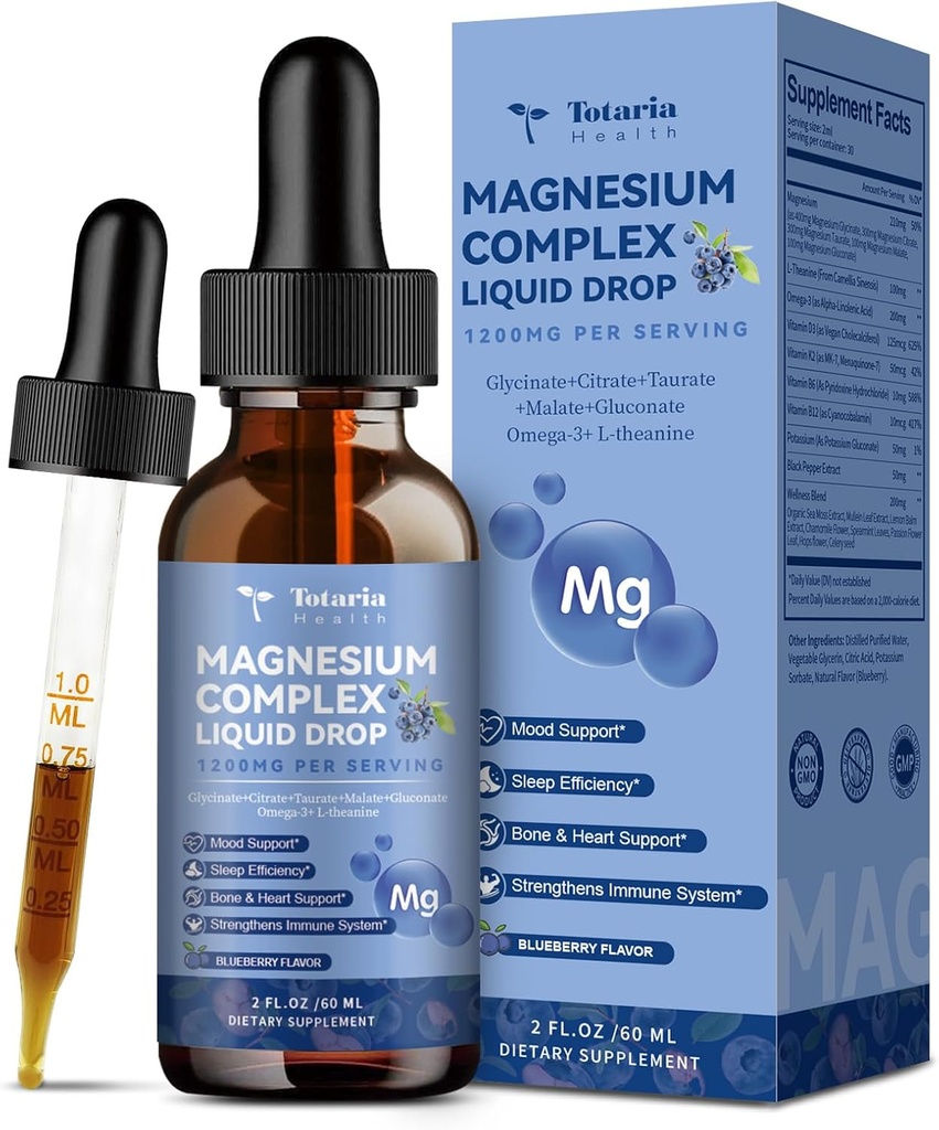 21 in 1 Magnesium Glycinate Complex Liquid Drop with Vitamin D3,K2,B6 & B12 Plus L-Theanine Omega-3 Sea Moss Extract for Energy,Sleep,Joint,Heart Health Sugar Free Blueberry Flavor,2 Fl Oz