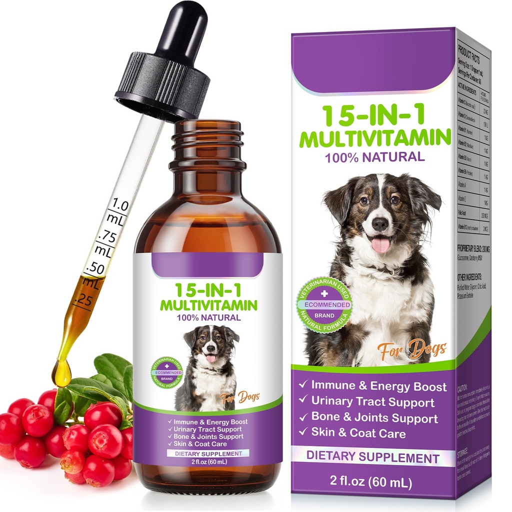 Dog Multivitamin Drops, 15 in 1 Multivitamin Liquid for Dog with Vitamin C-20 Mg, Vitamin D-100 Iu & B1-3,Dog Health Supplements for Skin Care, Joints & Hips,Gut