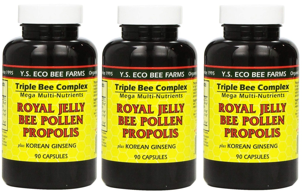 Y.S. Eco Bee Farms, (3 Pack) רויאל ג'ולי, Bee Pollen, Propolis, Plus קוריאני גינזנג, 90 קפסולות