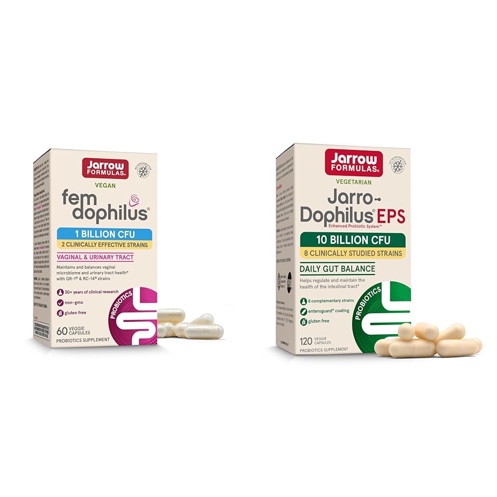 Jarrow Formulas Probiotics Bundle עם Fem-Dophilus 1 מיליארד CFU וג'רו-דופילוס EPS 10 מיליארד CFU, 180 קפסולות Veggie