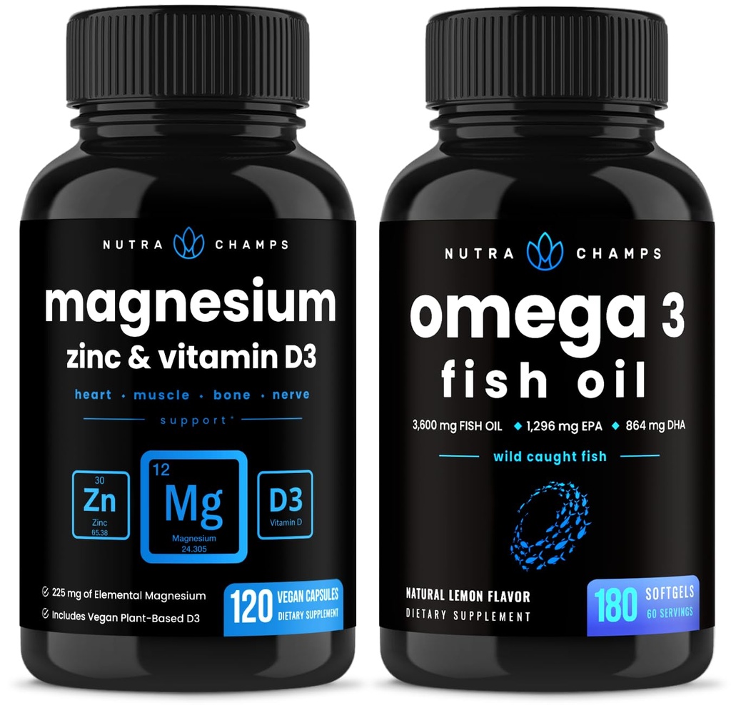NutraChamps Magnesium Zinc & ויטמין D3 כמוסות אומגה 3 קפסולות שמן דגים 2 Pack Bundle