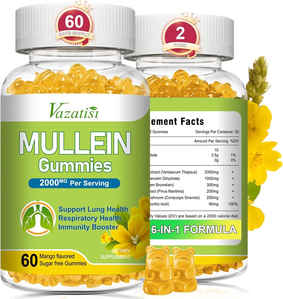 Mullein Gummies, Mullein לחלץ עם Bromelain, Quercetin, Pine Bark תומך Lung ניקויse עבור נשימה בריאה, 120ct