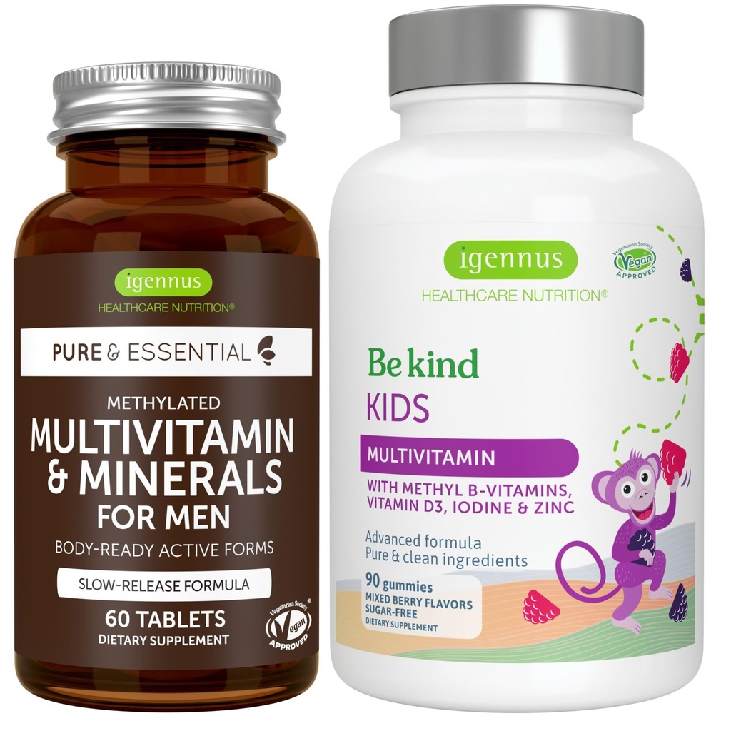 Multivitamin & מינרלים עבור גברים + מתקדם ילדים Multivitamin חניכיים טבעוני Bundle, עם methylated B-Vitamins, ויטמין A, C, D3 & E, תווית נקייה, 60 טבליות + 90 ברי פלפור מסטיק, על ידי Igennuss.