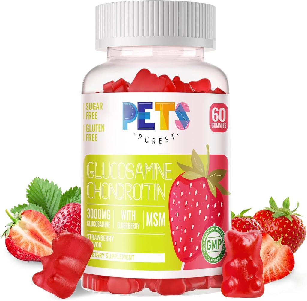 חיות מחמד Purest Glucosamine Chondroitin חניכיים עם MSM & Elderberry תוספת כוח - תמיכה משותפת, תמיכה אנטי-חמצן תמיכה תוספת למבוגרים, גברים ונשים. סטרויברי