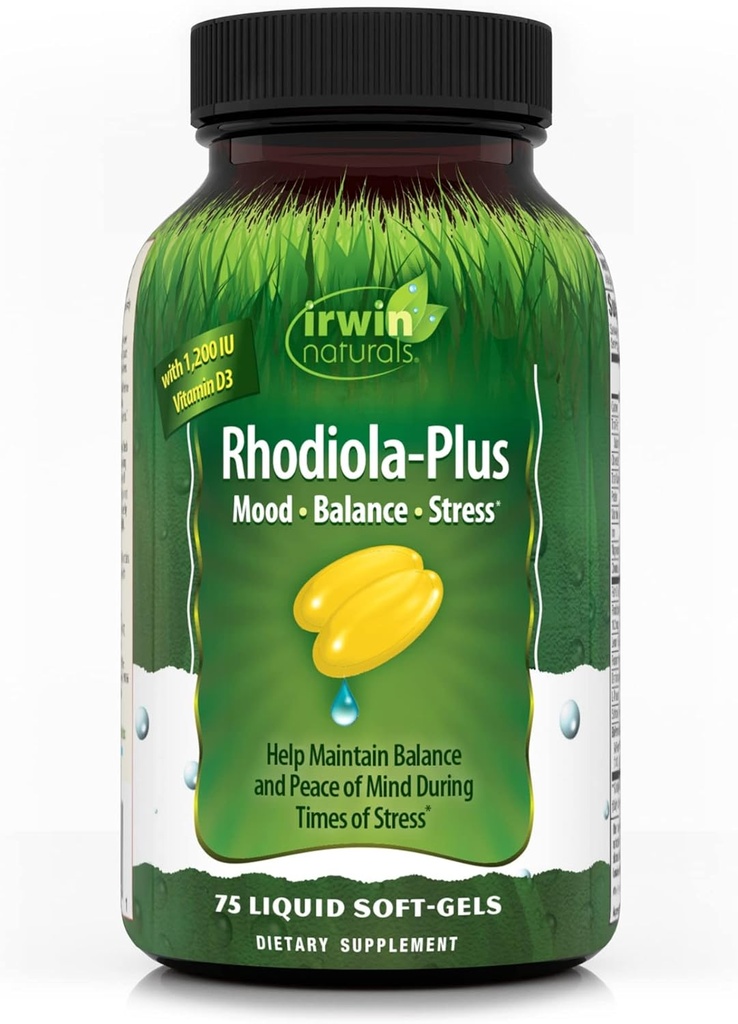 Irwin Naturals Rhodiola-Plus - 75 נוזל Soft-Gels - מסייע לשמור על איזון ושלום של המוח - עם L-theanine, ויטמין D3 & Magnesium - 25 משרתים