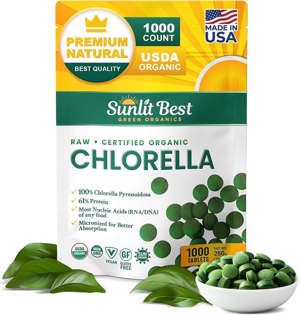 Sunlit הטוב ביותר USDA אורגני Premium Chlorella טבליות 1000 Count | 100% טהור Chlorella Superfood תוסף בחלבון, Chlorophyll, ויטמינים ומינרלים | תמיכה בריאות טובה, רווחה
