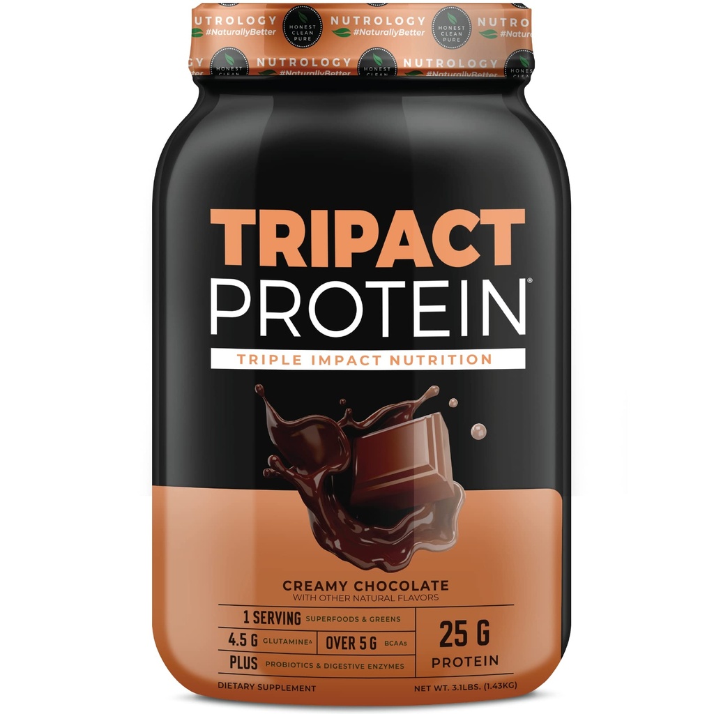 אבקת חלבון Nutrology TRIPACT - 7-in-1 Meal החלפת שקד עם אבקת חלבון Grass פד Whey, Pea, Rice, גריןs forשרירים Recovery & Immunity, Creamy Chocolate Flavor, 40 משרתים