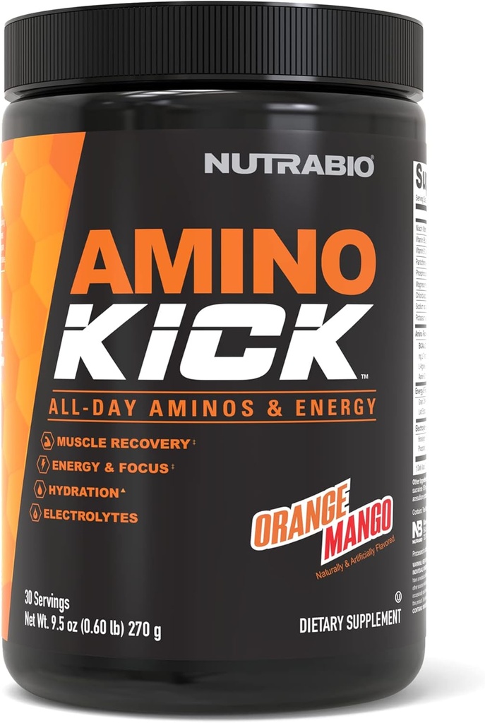 NutraBio Amino Kick - אבקת BCAA עם Caffeine טבעי - Amino Acids תוספת עבור אנרגיה, הידרציה ושיקום - BCAAs, אלקטרוליטים ו Amino Acids - מנגו כתום, 30 משרתות