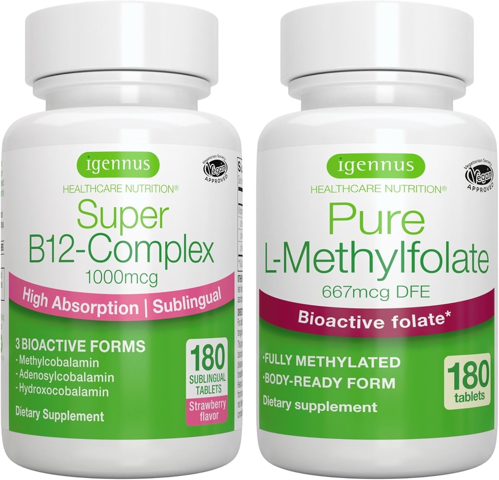 Super B12-Complex 1000mcg + Pure Folate 400mcg טבעוני Bundle, גבוה Absorption Sublingual ויטמין B12 עם Methylclcobalamin, Adenosylcobalamin & hydroxocobalamin + אופטימיזציה L-Methylfolate, על ידי Igenssssylcobalamin & hydroxocobalamin + hydroxocobalamin + Optimizin + Optimized L.