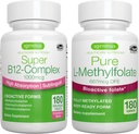 Super B12-Complex 1000mcg + Pure Folate 400mcg טבעוני Bundle, גבוה Absorption Sublingual ויטמין B12 עם Methylclcobalamin, Adenosylcobalamin & hydroxocobalamin + אופטימיזציה L-Methylfolate, על ידי Igenssssylcobalamin & hydroxocobalamin + hydroxocobalamin + Optimizin + Optimized L.
