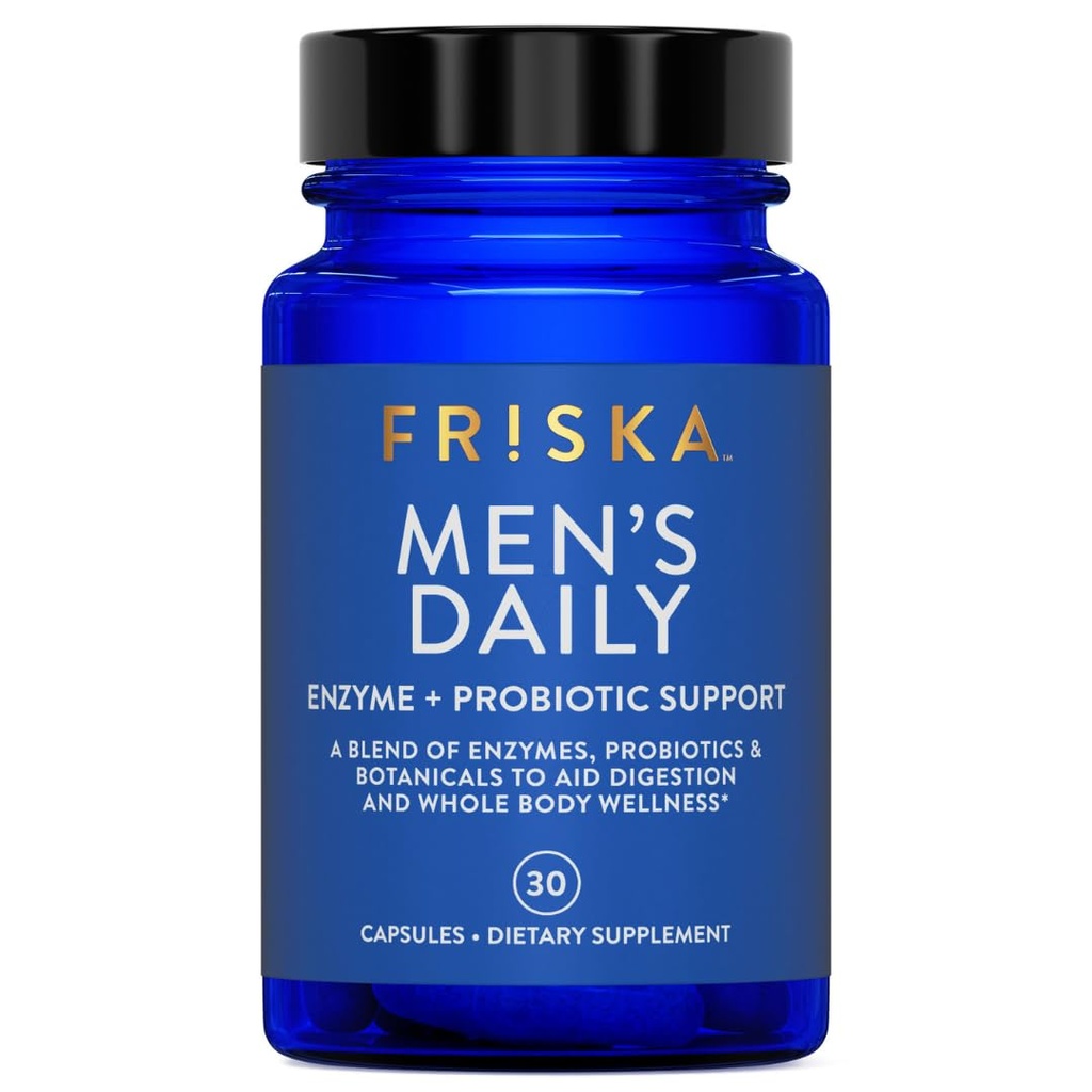 FRISKA Men’s Daily Digestive Enzyme ו Probiotics תוספת, תמיכה טבעית לבריאות הגברית, Bloating, Gas, Indigestion הקלה, תומך Gut Health, Lactase ו B-Vitamins, 30 קפסולות