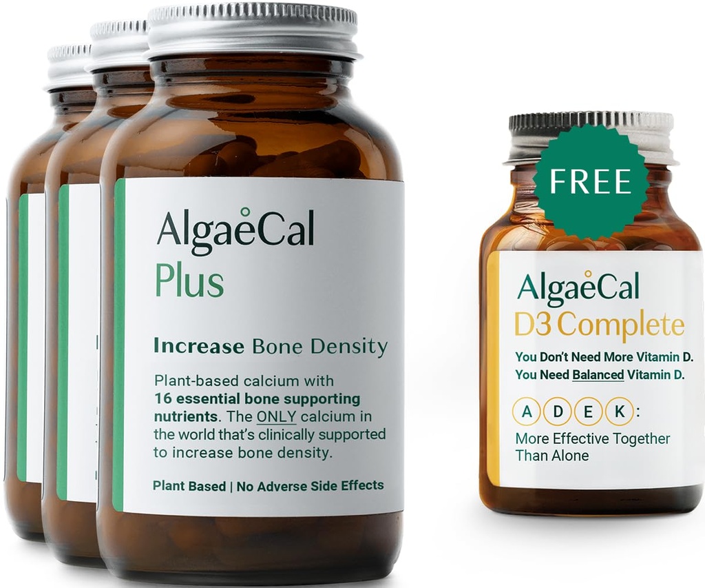 ALGAECAL Plus Bundle - חינם 4in-1 ויטמין D3 שלם ו רד Algae Calcium עם 16 Bone-Supporting חומרים מזינים, תמיכה קלינית כדי להגדיל את הכחדת העצם & Boost Immune System