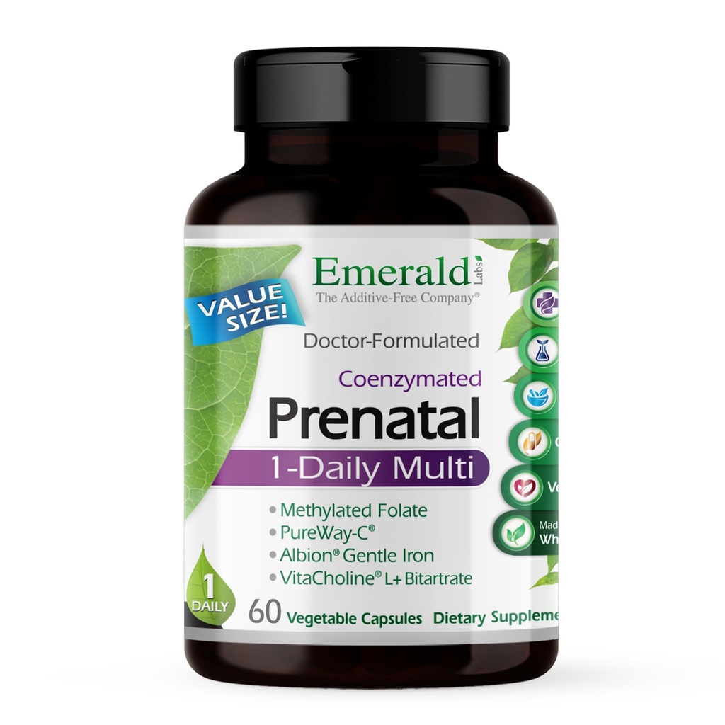 EMERALD LABS Prenatal 1-Daily Multi - טרום לידתי Multivitamin עם Methylated Folate, Iron, Whole-Food Bell & More - Soy-Free, Gluten-Free - 60 קפסולות ירקות