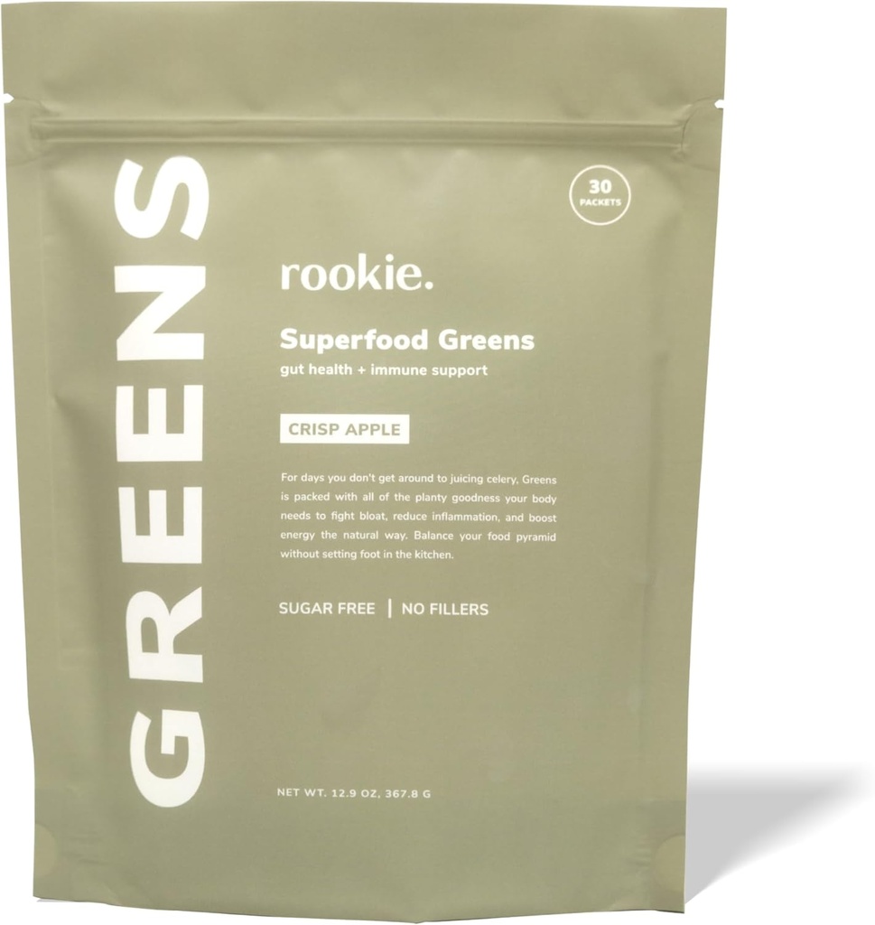 Rookie Wellness Greens + Superfoods - Greens Superfoods Powder Drink Made with Whole Food Sourced Ingredients Contains Vitamins, Probiotics, Antioxidants, and Baobab Fiber (30 Servings, Crisp Apple)