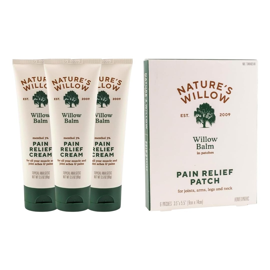 Nature's Willow Willow Balm Cream (3-Pack) & Relief Patches Bundle | Willow Bark & Menthol | Muscles & Joints | No Artificial Fragrances & Dyes