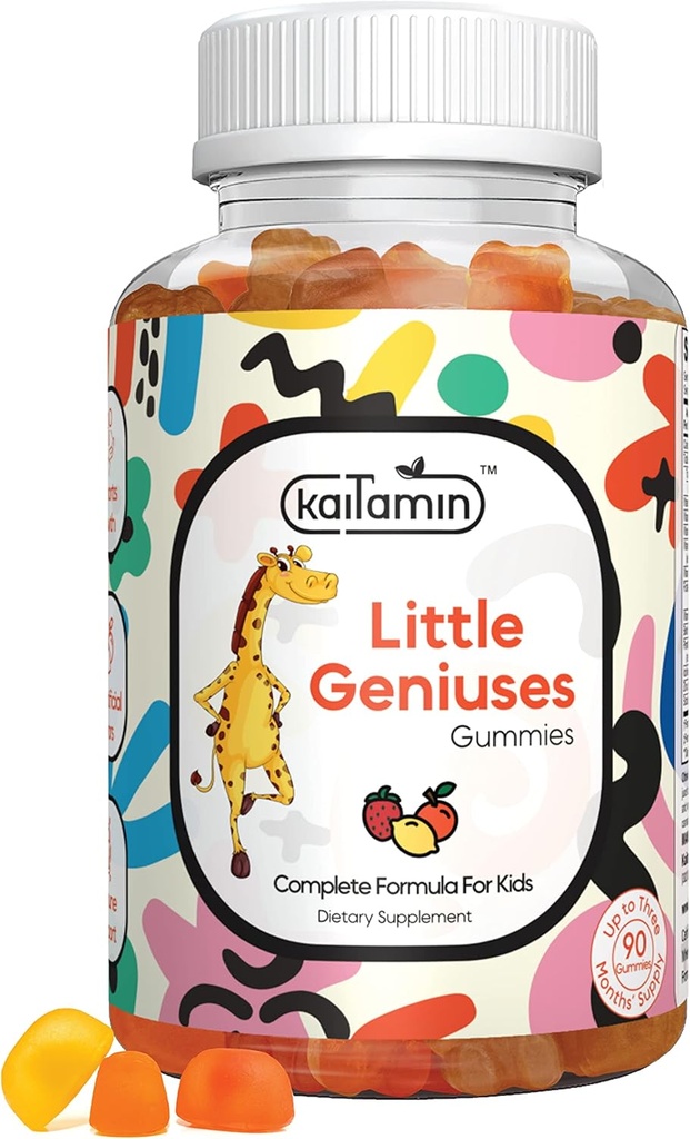 ילדים Multivitamin Gummies Little Geniuses: ויטמינים C, D3, Zinc, Folate, for Immunity, Intelligence, Focus וצמיחה. טבעוני, non-GMO, אורגני, Gluten-Free