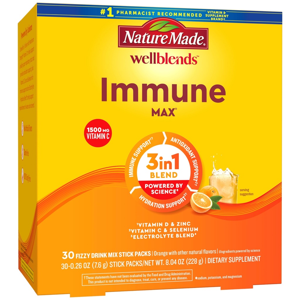 Nature Made Wellblends ImmuneMAX Fizzy Drink Mix, ויטמין C 1500 מ"ג, Zinc 15 מ"ג, ויטמין D3 1000 IU (25 mcg), בתוספת ויטמין B ו- Electrolytes hydrotion Band, 30 Stick Packs