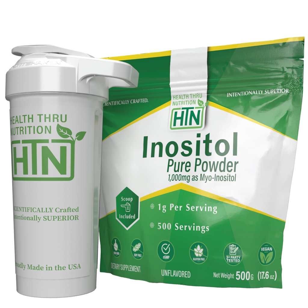 Health Thru Nutrition Inositol Pure Powder and USA Made Shaker Bottle Bundle