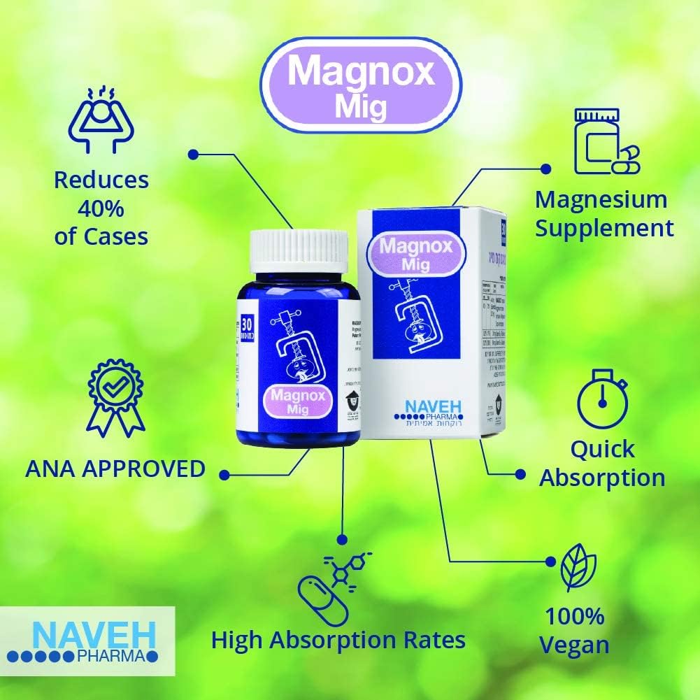 MAGNOX Mig Magnesium תוסף טבליות (30) עבור Migraine Headaches - Due to Magnesium Deficiency, על ידי Naveh Pharma