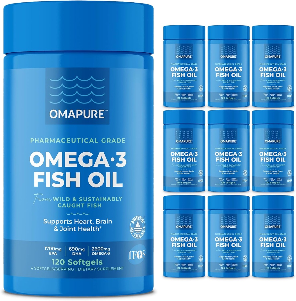 OMAPURE Wild שנתפס אומגה 3 עם גבוה EPA & DHA (10 בקבוקים, 120 Softgels) - פורמולה Burpless תומך Heart & Joint Health, מקדם תפקוד המוח