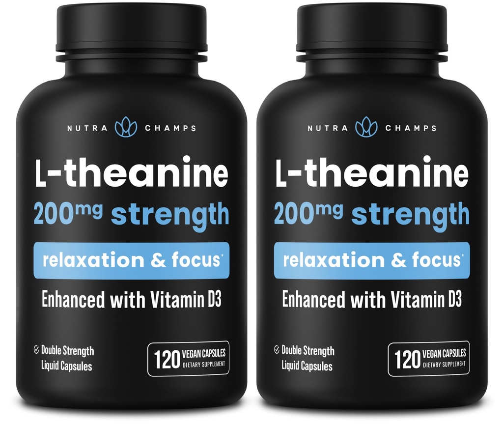 NutraChamps L-theanine 200 מ"ג כמוסות, Double-Strength L-theanine נוזל עם ויטמין D3, שמן קוקוס אורגני, 120 קפסולות טבעוניות (Pack of 2)