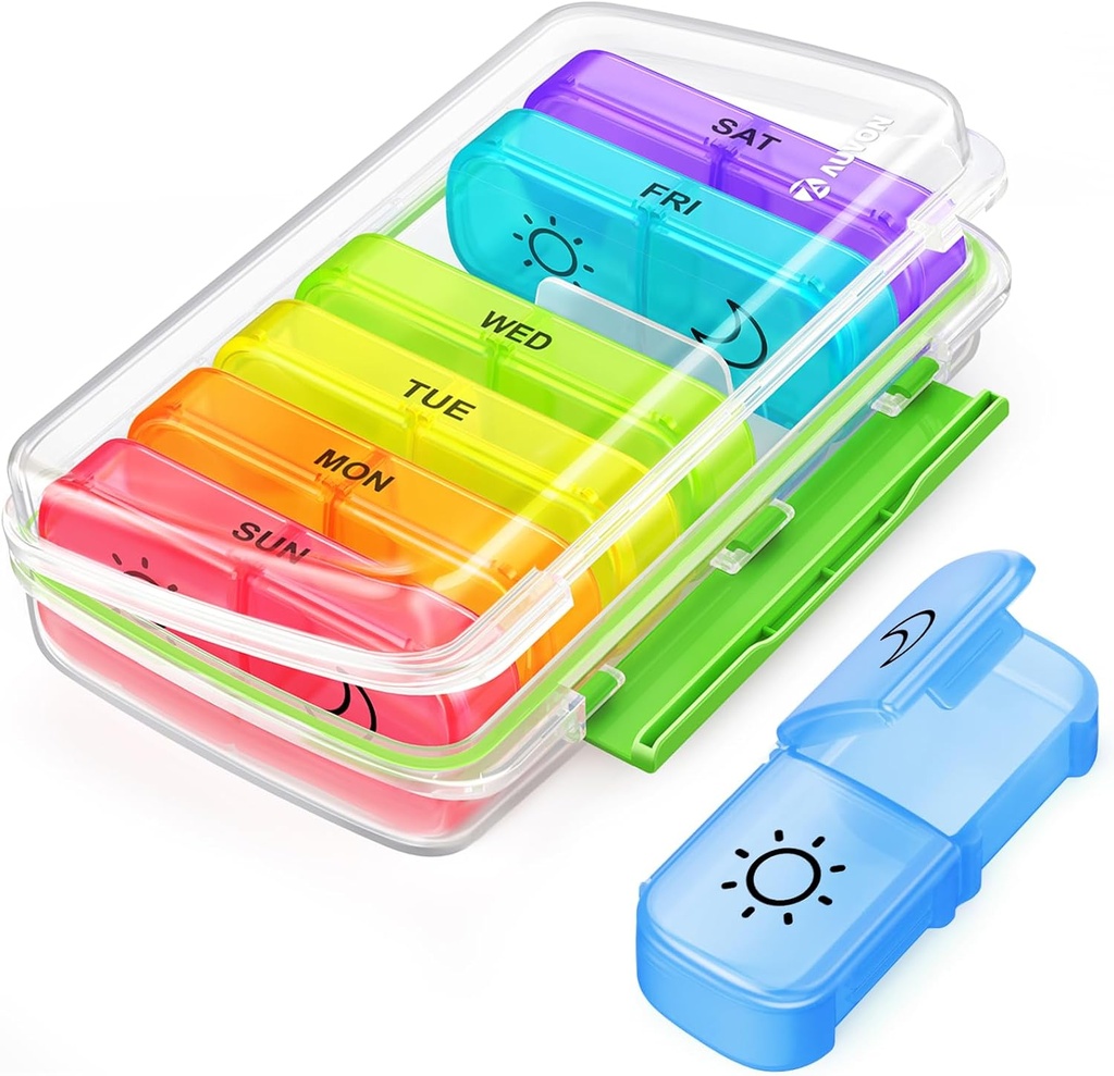 AUVON Pill Box 2 פעמים ביום עם Moisture-Proof עיצוב, מארגנת גלולות שבועיות AM PM עם חיישן Pocket, Pill Case 7 יום עם הגנה כפולה עבור ויטמין, תרופות, תרופות, ותוספים