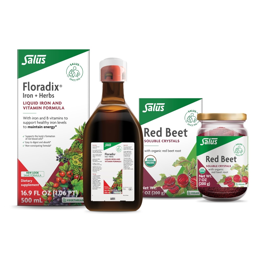 Flordix Iron & Herbs (16.9 oz) & Salus Red Beet Crystals (7 oz) - תוספת ברזל לתמיכה באנרגיה בריאה * & אורגני Beet שורש שתייה לערבב