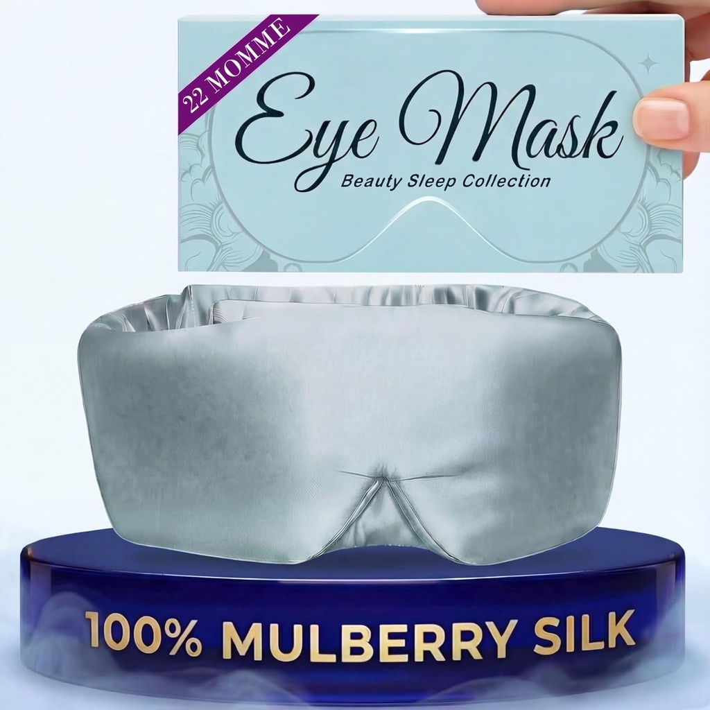 SLEEP SANCTUARY 100% Pure Mulberry Silk Sleep Mask - 22 Momme Light Blocking Hook & Loop Silk Eye Mask for Sleeping - Secure Fit for Side Sleepers, Women & Men - Cloud Soft (Misty Blue)