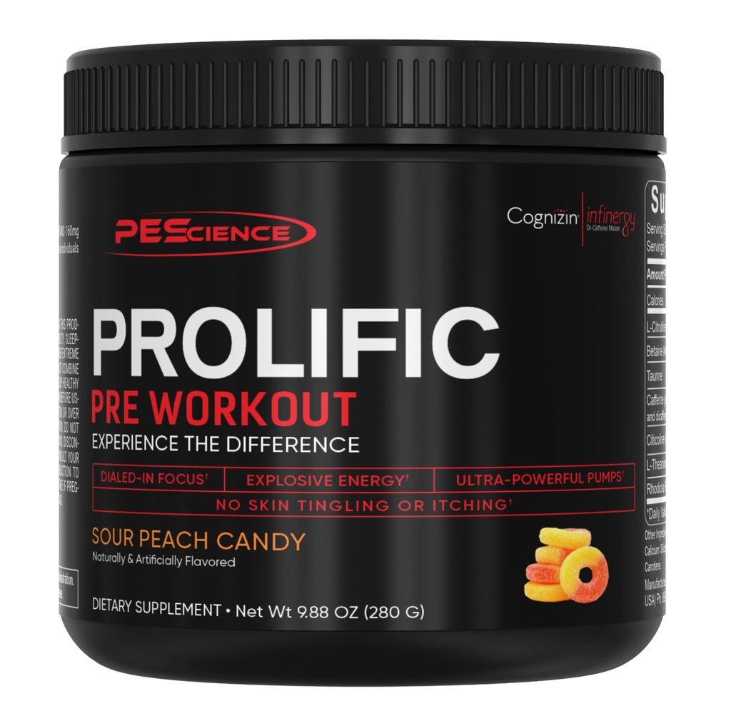 PEScience Prolific Pre Workout אבקת עבור גברים ונשים עם L-Citrulline Nitric Oxide Booster, אבקת אנרגיה & Nootropic עבור Focus - Preworkout ללא Betaine - 40 Scoops, Sour Peach Candy