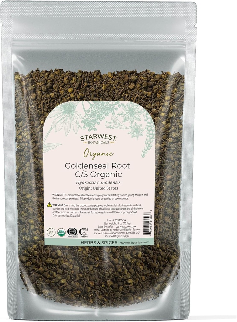 Starwest Botanicals Organic Goldenseal Root - Dried Drop Leaf Herb for Tea, Herbal Bricks, & Cooking, Pure & Natural hydrostis Canadensis, Cut & Sifted, מוסמך כשר, non-GMO - 4 oz Pouch