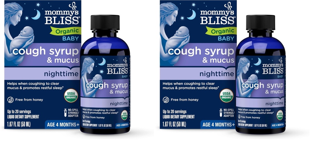 Mommy's Bliss Organic Baby Cough Syrup & Mucus Night Time, Contains Organic Agave and Ivy Leaf, Made for Babies 4 Month+, 1.67 Fluid Ounces, (Pack of 2)