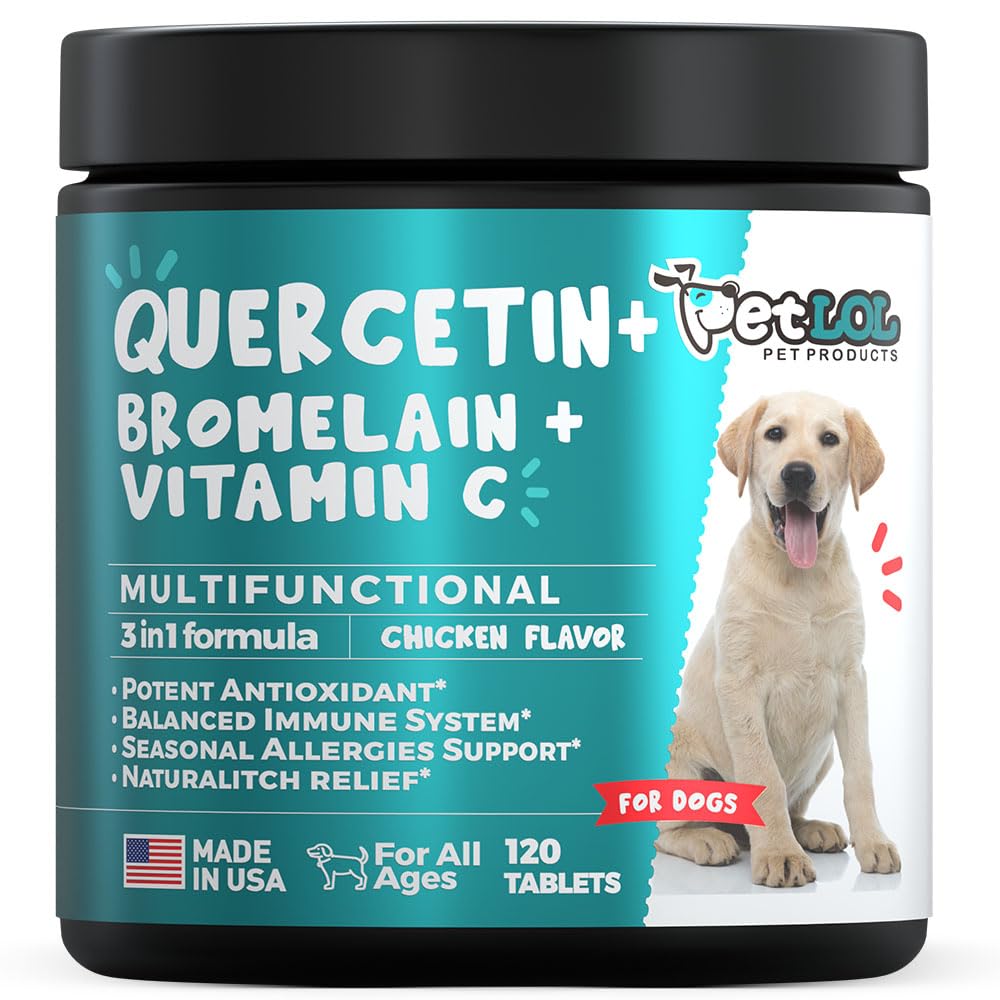 Quercetin for Dogs with Bromelain & ויטמין C - Allergy & Itch Relief, Immune & Inflammatory Support - 120 טבליות Chewable שנעשו בארה"ב