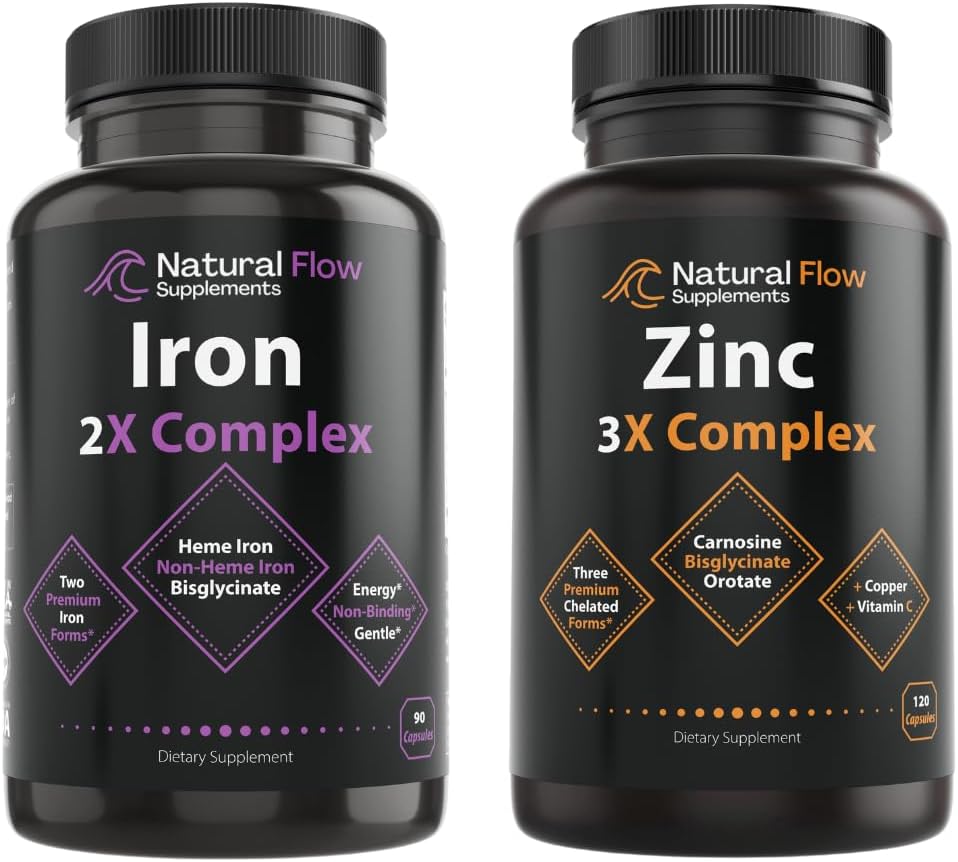 תוסף Znc מורכב עם Copper ווויטמין C - זרימה טבעית 3X Zinc Carnosine ותוסף הברזל 2in-1 מורכב לחלוטין - זרימה טבעית 2X Heme ו Chelated non Heme Iron Bisglycinate