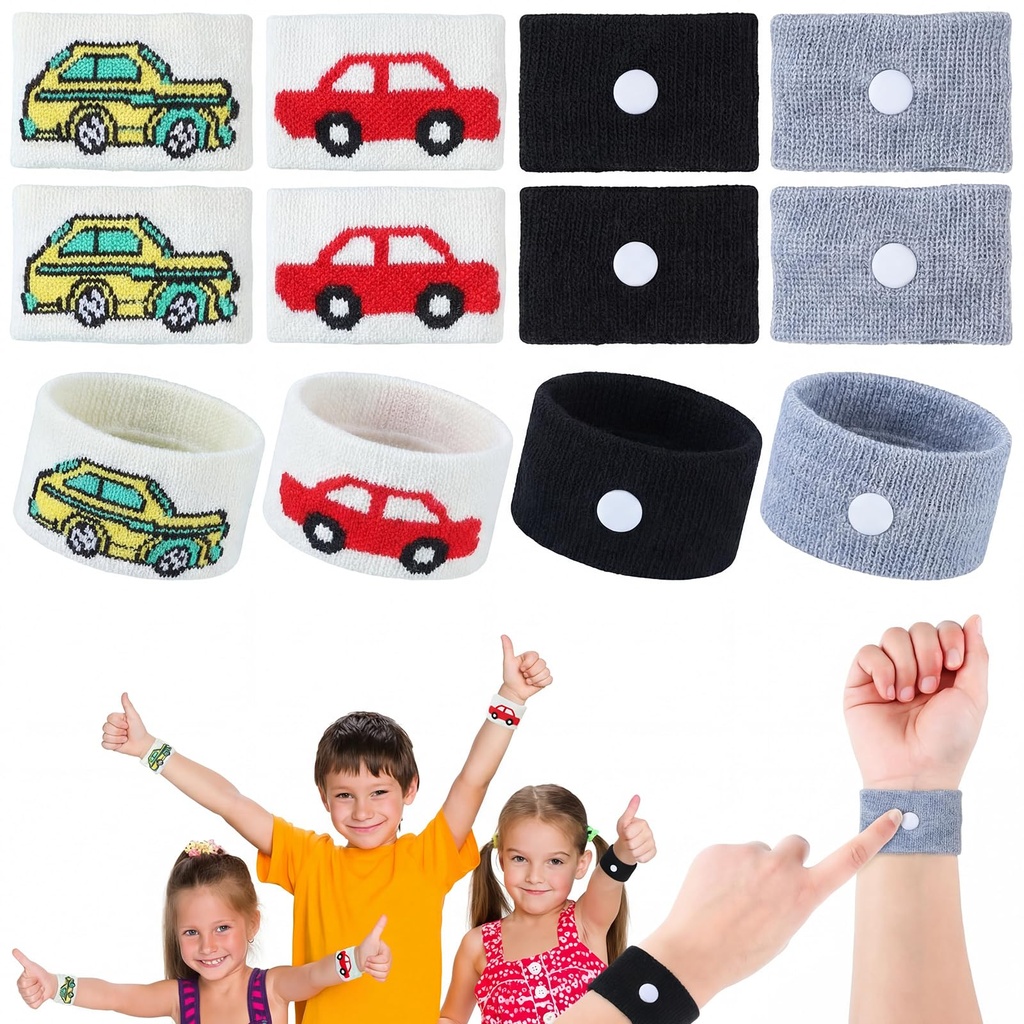 Tondiamo 4 Pairs Motion Sickness Bands Kids Adults Nausea, Cartoon Car