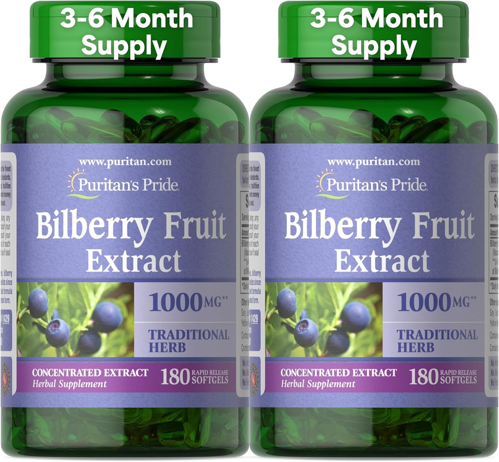 הפירות של Puritan's Pride Premium Bilberry להפיק 250 מ"ג (1000 מ"ג), 4:1 ריכוז תוספת צמחית מסורתית, ויטמין C, 3 עד 6 חודשים אספקה, 180 Rapid Release Softgels 2Pack