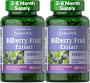 הפירות של Puritan's Pride Premium Bilberry להפיק 250 מ"ג (1000 מ"ג), 4:1 ריכוז תוספת צמחית מסורתית, ויטמין C, 3 עד 6 חודשים אספקה, 180 Rapid Release Softgels 2Pack