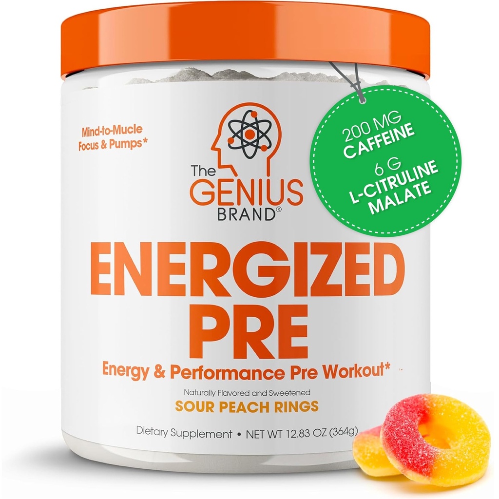 Genius Energyzed Pre Workout אבקת - Caffeine Infused Pre-Workout Booster תוספת עם Beta Alanine & Alpha GPC, No Artificial Sweeteners או Dyes - 200 מ"ג Caffeine, 20 משרתים, Sour Peach טבעות