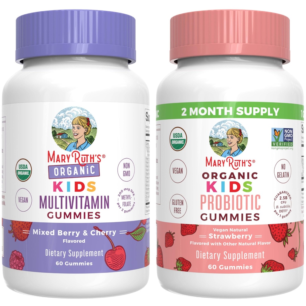 MaryRuth Organics Gummies for Kids-Multivitamin (Mixed Berry & Cherry), & Probiotic (Strawberry) | USDA אורגני, No Gelatin! ויטמינים עבור חסינות, בריאות Gut, ו-Allle All