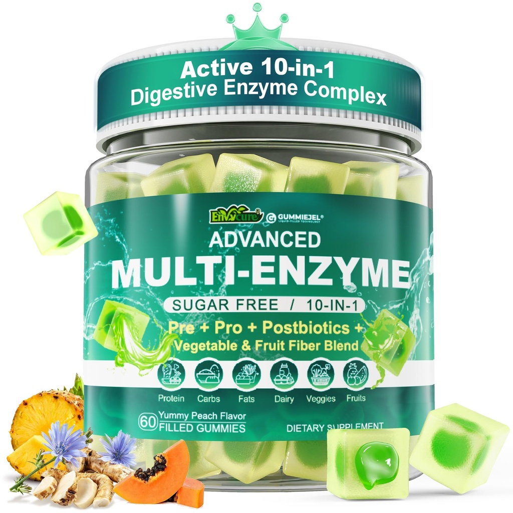 Enzymes Gummies for Women & Men, Multi-Enzymes with 90B מיליארד CFU Probiotics ו-Prebiotics & Postbiotic, ירקות ופירות סיבים, סופר Enzy for Digestive & Gut Health, Immune, 60Cts