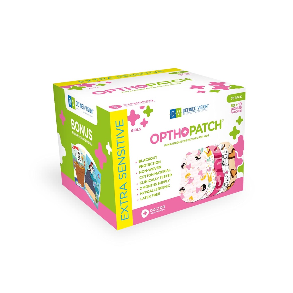 Opthopatch Kids Eye Patches - Fun Girls Design [Series I] - 60 + 10 Bonus Latex Free Hypoallergenic Cotton Adhesive Bandages for Amblyopia and Cross Eye - 3 Reward Chart Posters by Defined Vision