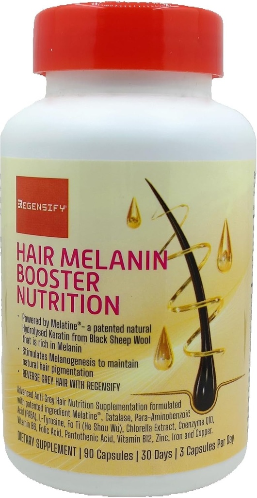 RegenSIFY Hair Melanin Booster Nutrition [פרופיל שיער אפור לגברים ונשים | Melatine®, Catalase, PABA, L-Tyrosine, he Shou Wu, Chlorella Extract, CoQ10, Folic Acid, Pantothenic Acid)