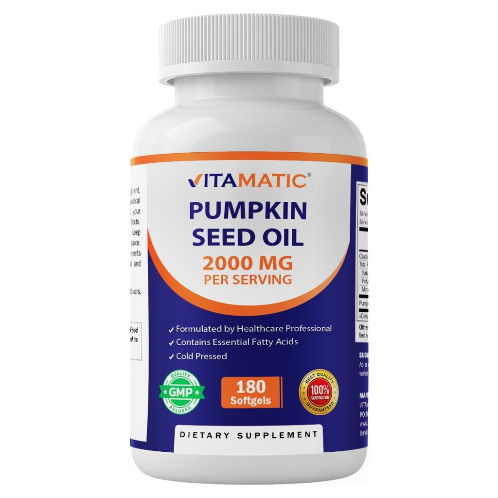 Vitamatic Pumpkin Seed Oil 2000mg Softgel קפסולות לשרת - 180 Softgels - 1000mg per Softgel