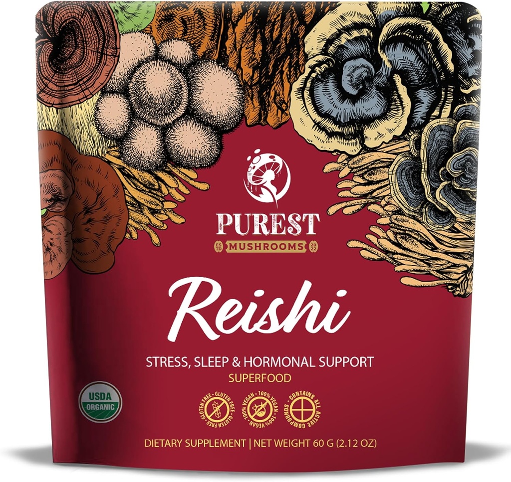 אבקת Reishi - אורגני Mushroom לחלץ אבקת - תוספי Mushroom עבור תמיכה Immune, Stress Relief, Better Sleep 60g