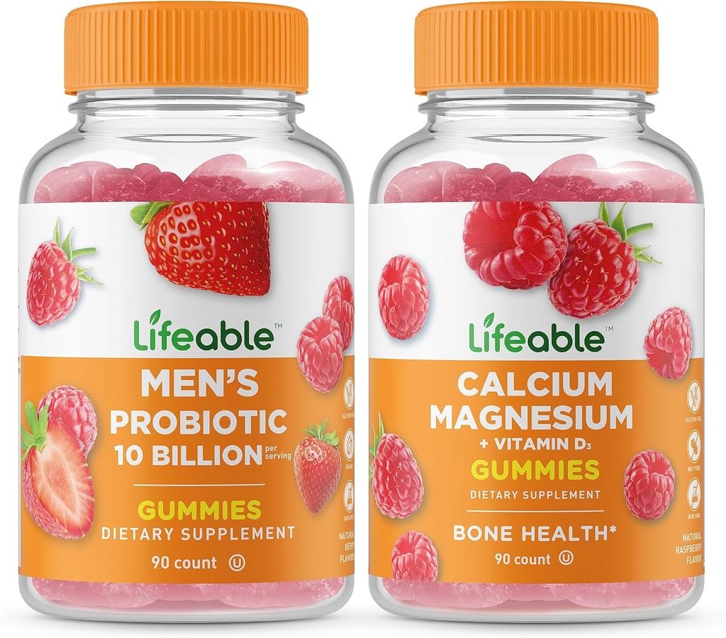Probiotic 10 מיליארדים + Calcium Magnesium, חניכיים Bundle - גדול Tasting, ויטמין תוסף, Gluten Free, GMO חינם, Chewable Gummymy