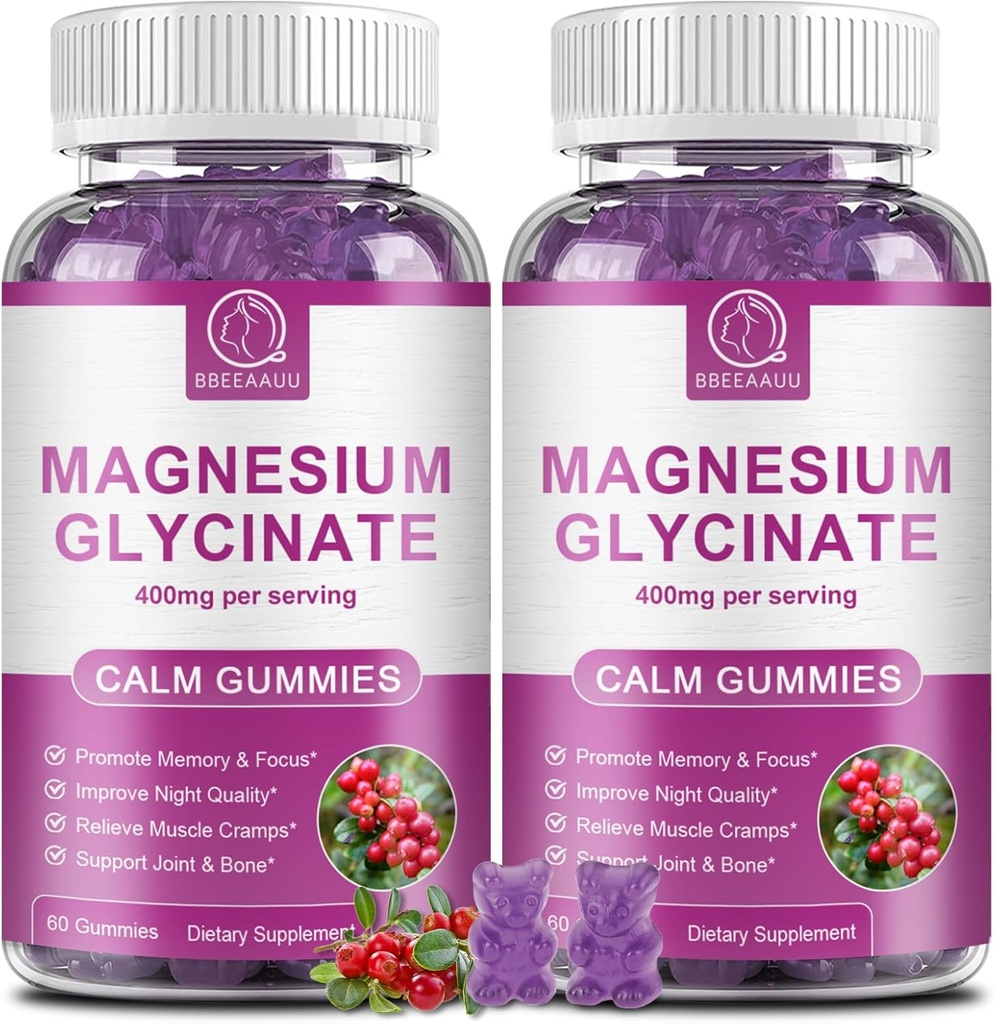 Magnesium Glycinate Gummies 400 מ"ג, גבוה Absorption Magnesium Glycinate תוספת עם Potassium, Calcium, ויטמין D, B6 & CoQ10 ללילה, תמיכה שרירים קריין פלאמור 60 הרוזן (2 Packs)