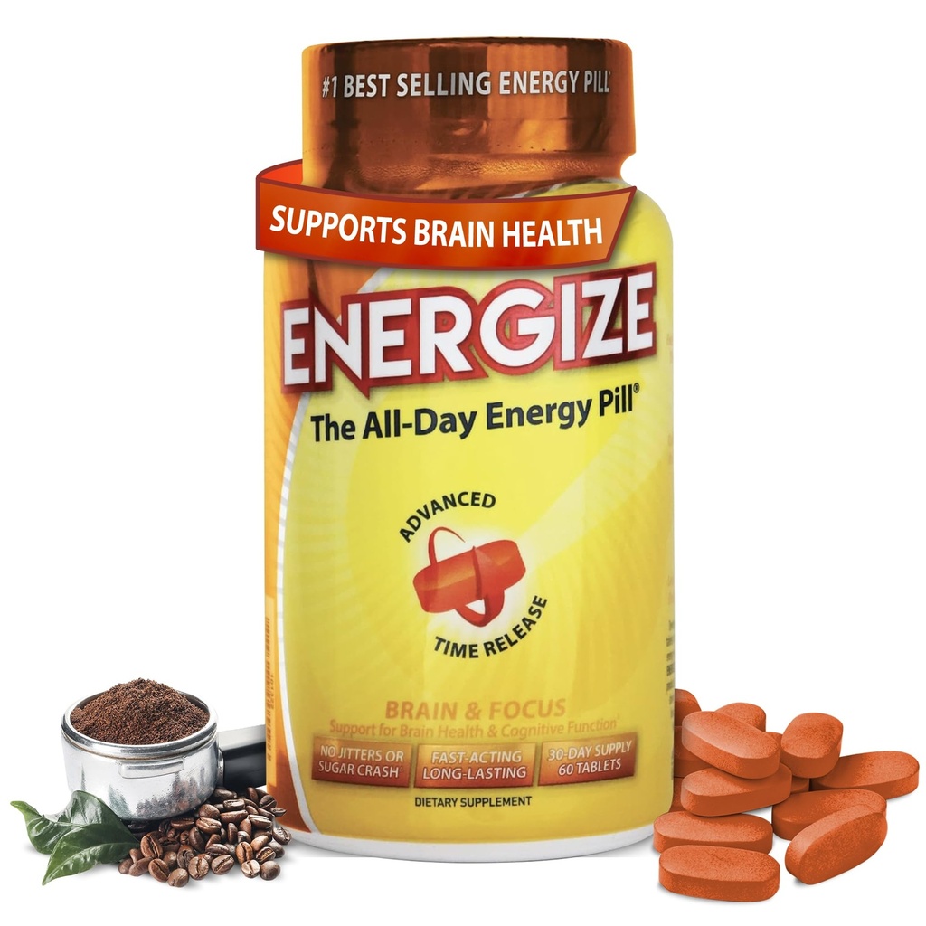 ISatori Energyze Brain & Focus Caffeine Pills - Fast Acting All Day Energy Pills, Brain Booster, Energy and Focus תוסף, Time Release Caffeine Means No Jitter (60 טבליות)