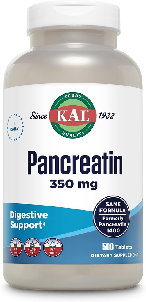 KAL Pancreatin 350 מ"ג, Enzymes for Women and Men, Pancreatic Enzymes for Digestive Health Support, Gluten Free, Non-GMO, Rapid Disintegration, 60-Day Promise, 500 משרתים, 500 טבליות