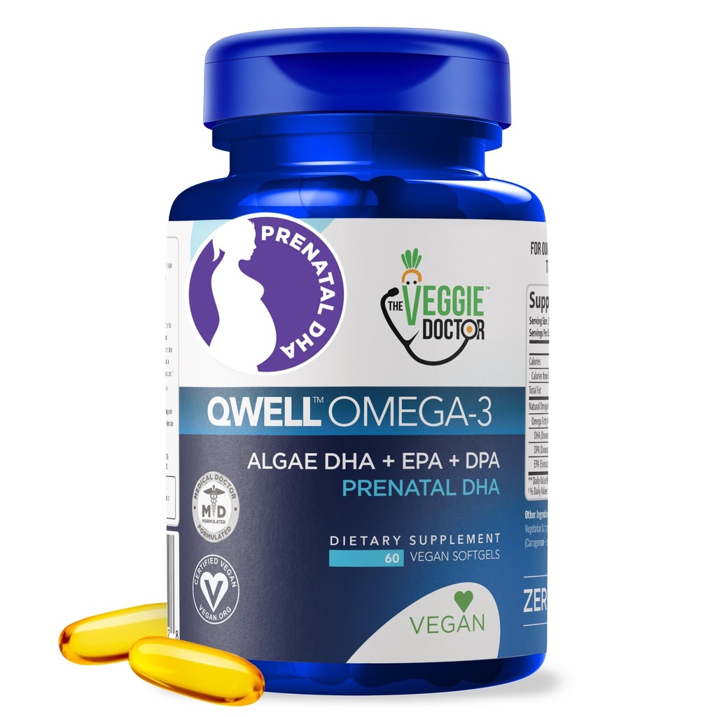 ויטמין טרום לידתי טבעוני עם DHA (60 Count) אומגה 3 - Qwell Better Than Fish Oil, Brain Function - 820 Mg Algae DHA & EPA, ויטמין טרום לידתי טבעוני עם ויטמין E, Carrageen-Free