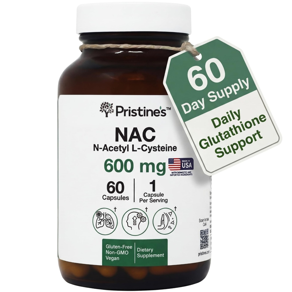 PRISTINE'S N-Acetyl L-Cysteine (NAC) 600MG 60 יום אספקת קפסולות תוספי מזון - Glutathione & Liver Detox תמיכה - נוזל אנטיחמצן - טבעוני, גלוט חינם, non GMO זכוכית בקבוק