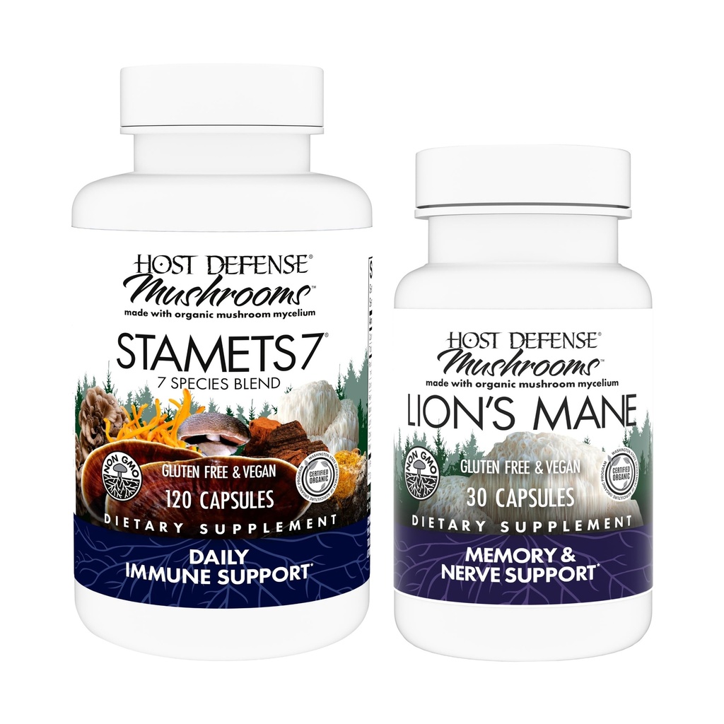 Host Defense Bundle עם Stamets 7, 120 Count & Lion's Mane קפסולות, 30 Count - תמיכה בבריאות החיסון ותפקוד - תמיכה בבריאות המוח, זיכרון וריכוז *